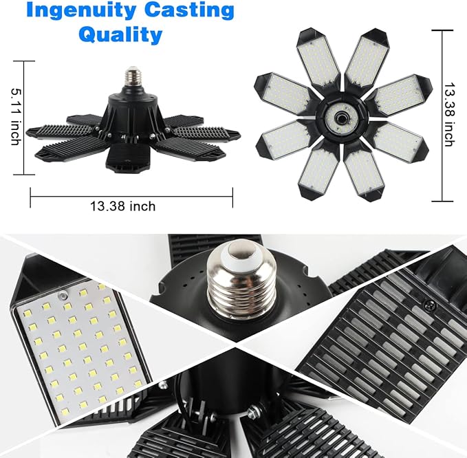 Led Garage Light - 20000LM Super Bright 6500K Garage Lights Ceiling Led w/ 8 Adjustable Panels Garage Shop Light Compatible for E26/E27 Socket Applicable for Workshop Barn Warehouse Attic