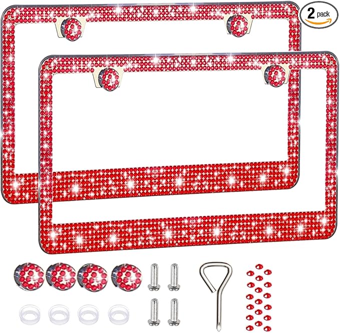 2 Pack License Plate Frames for Women, Sparkly Rhinestone Diamond Car Accessories with Glitter Crystal Caps (Red(2PCS))