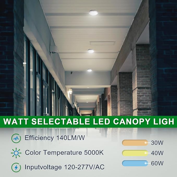 OSTEK LED Canopy Gas Station Light with Motion Sensor 30W/40W/60W Power Selectable 5000K LED Parking carport Lights 90-277V IP65 Commercial Residential Lights DLC & UL Listed