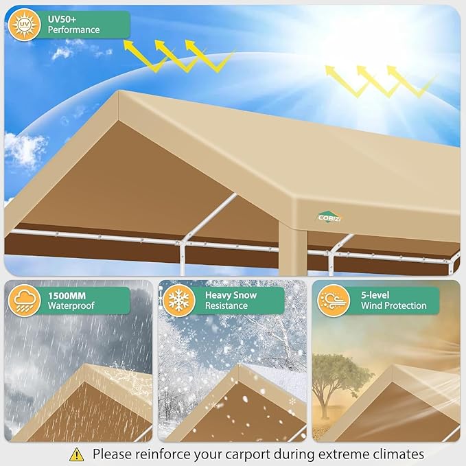 COBIZI Carport 12x20ft Heavy Duty Portable Garage, 2.0 Powder Coated Frame(Better Than Galvanized), Waterproof Shelter with Built-in Sandbags, for Car/Boat/SUV, Khaki