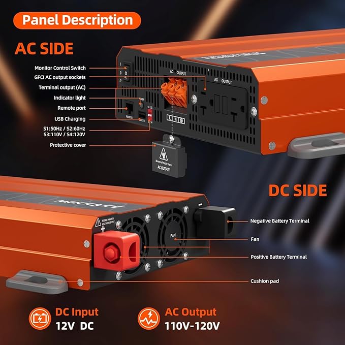 3080 Watt Pure Sine Wave Inverter, Equipment GFCI, 12V DC to 120V AC Converter Built-in 5V/2.1A USB Port for Off-Grid Solar Car RV Truck Boat with Wire Remote Monitor, Pre-Charge Function