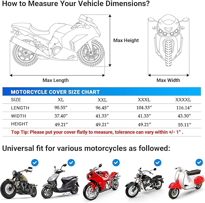 Motorcycle Cover, 210D Oxford Cloth, with Reflective Stripes, Waterproof Outdoor Protection, All-Weather Universal car Cover, with Lock Holes and Storage Bag. (All Black, 90.5")