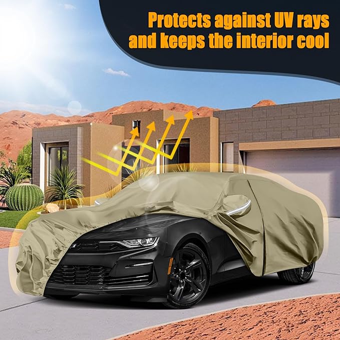 Waterproof Car Covers Replace for 2010-2025 Chevy Camaro, Multilayer Heavy Duty with Cotton Liner All Weather Custom-fit Car Cover with Zipper Door, Windproof Bands for Snow Rain Dust Protection
