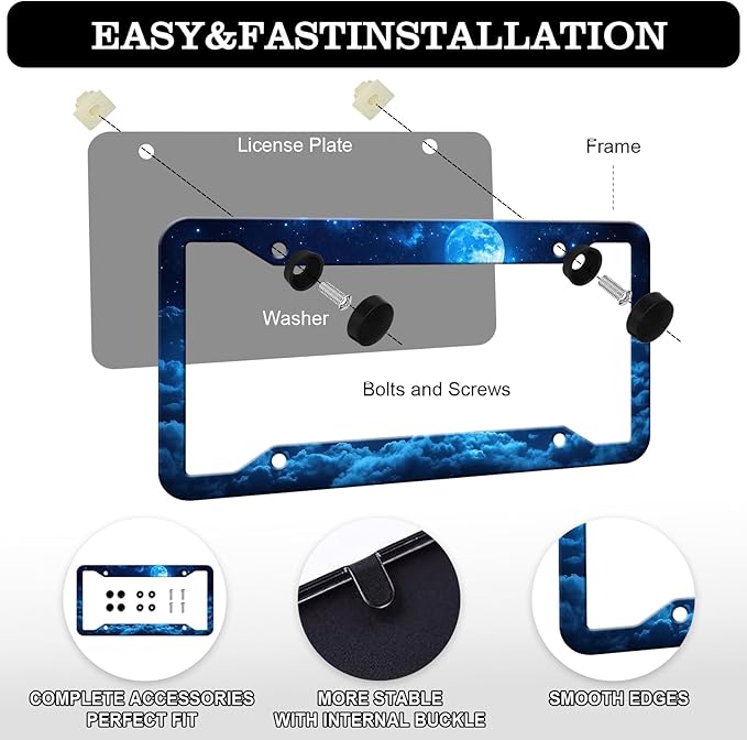 Moon Galaxy Starry Sky License Plate Frames - 2 Pack Night Sky License Plate Holder,Stainless Steel Rust-Proof Waterproof Car Decorative Tag Frame with Screws Fasteners Caps