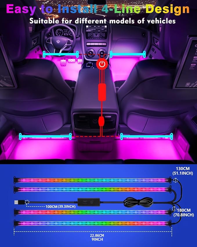 RGB Dream Color Interior Car Strip Lights with Smart APP Remote Control, DIY Mode and Music Mode, Multicolor Footwell Under Dash Chasing Inside Light Kits for Cars Truck ATV UTV with Car Charger