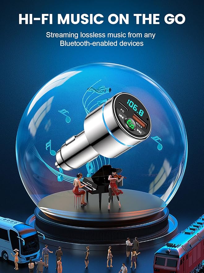 FM Transmitter for Bluetooth 5.3, [All-Metal] PD 30W & QC3.0 18W Fast Car Charger, Wireless FM Radio Kit Bluetooth Car Adapter, Noise Cancelling Hands-Free Call, Blue Light - Silver