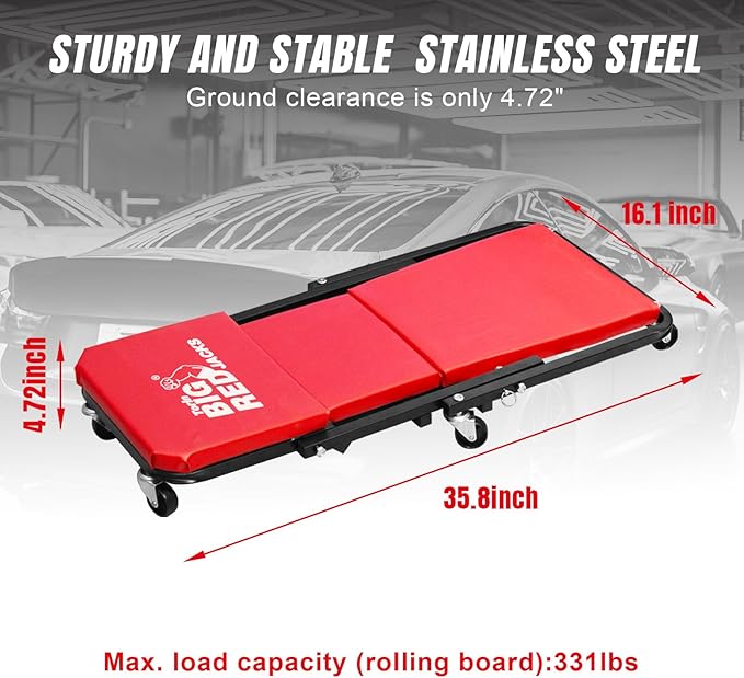 BIG RED ATR6036ZER 36" Foldable Z-Creeper Seat: 2-in-1 Garage Shop Creeper for Auto Repair with 6 Wheels, 300 Lbs. Capacity - Red