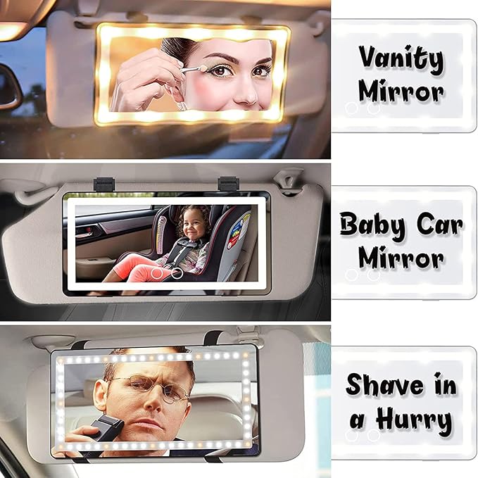 Car Visor Vanity Mirror with Rechargeable LED Lights, 3 Light Modes & Dimmable Touch Screen, Light Up Big Passenger Car Mirror Accessories for Women Girl, Universal for Truck SUV, Black