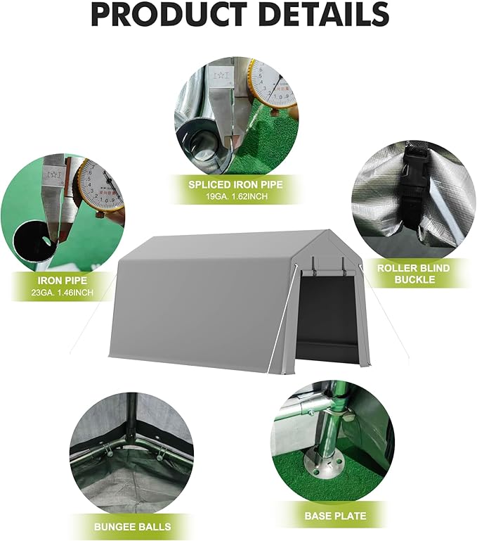 10 x 15 ft Carport Storage Shed, Portable Garage with Roll-up Zipper Door, Heavy Duty Waterproof Tarp, Storage for Motorcycle, Bike, Firewood, Garden Tools