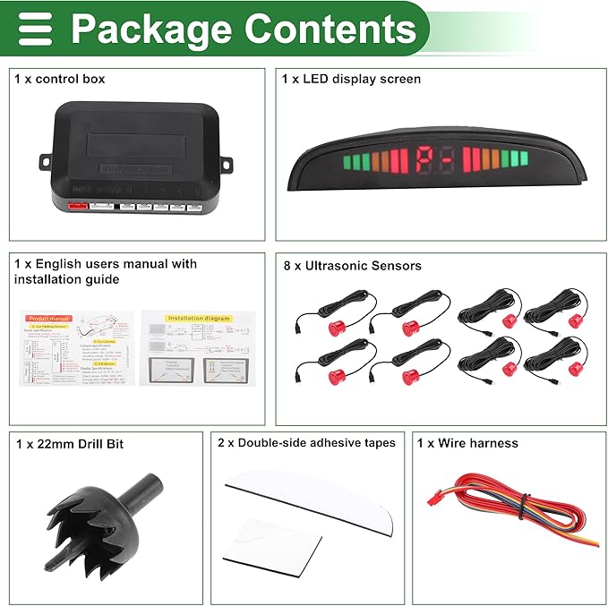 Motoforti Universal Car Auto Vehicle Reverse Backup Radar System Reverse Parking Sensors Alarm Buzzer Reminder Distance Detection Red 8 Parking Sensors