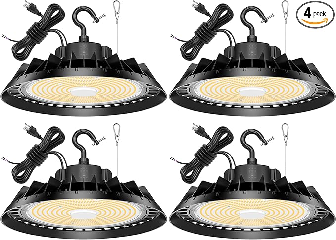 4Pack LED High Bay Lights, Super Bright 150W UFO High Bay LED Shop Lights, 22500LM 5000K, 0-10V Dimmable, 5' Cable Plug, IP65 Waterproof, ETL Listed Plug & Play Lighting for Factory Warehouse