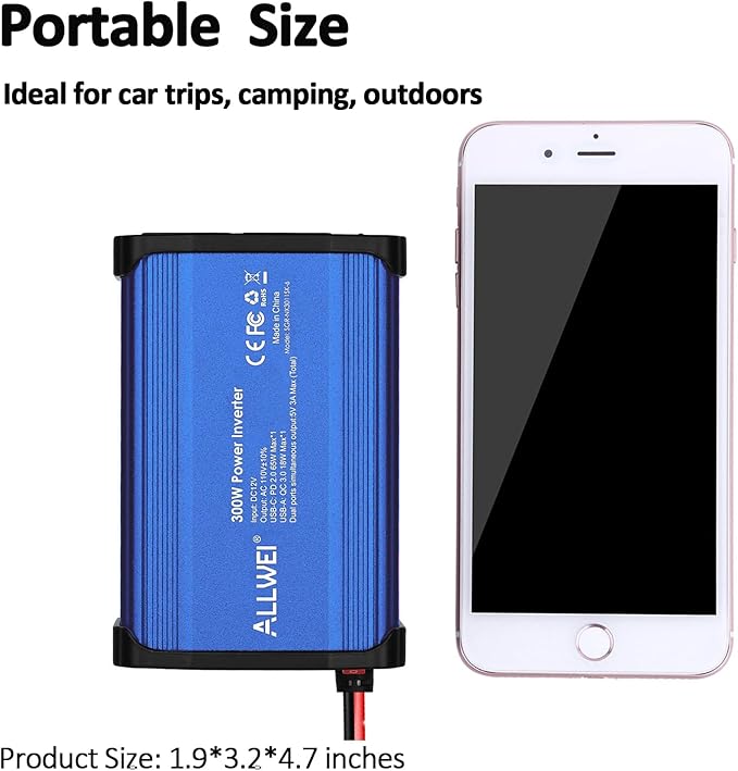 ALLWEI 300W Car Power Inverter DC 12V to 110V AC Power inverters for Vehicles Converter USB-C PD65W/18W USB Fast Charging Ports Car Charger Adapter (Blue)