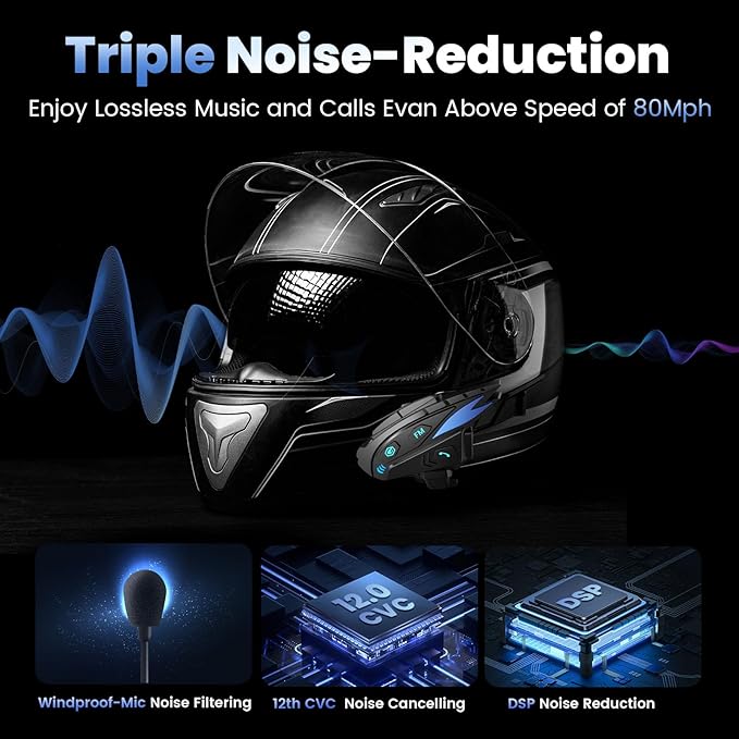gearelec Bluetooth Headset - Motorcycle Helmet Bluetooth with Upgrade Hi-Fi Speakers, Triple Noise-Reduction/IP65 Waterproof