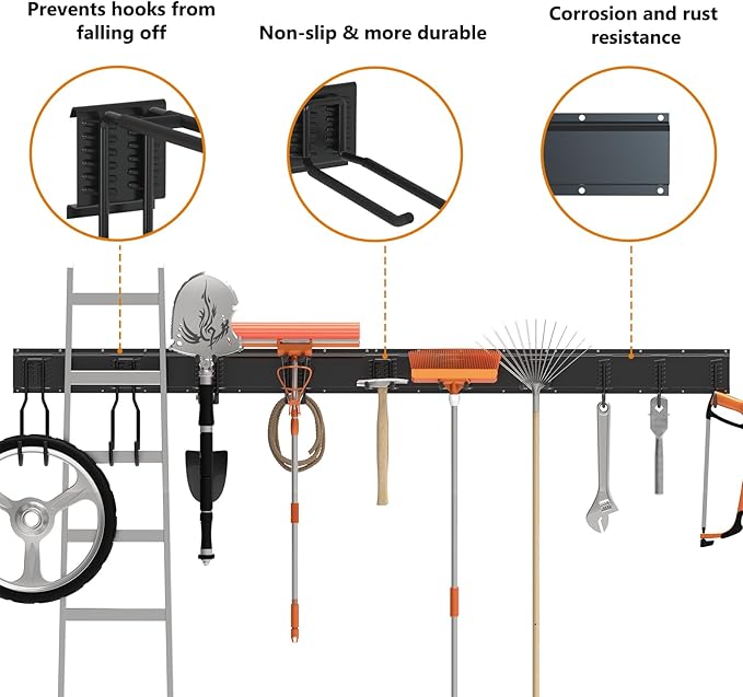 64 Inches Garage Tool Organizer Wall Mount, Yard Tool Hangers for Garage Wall, Tool Storage Rack Wall Hooks