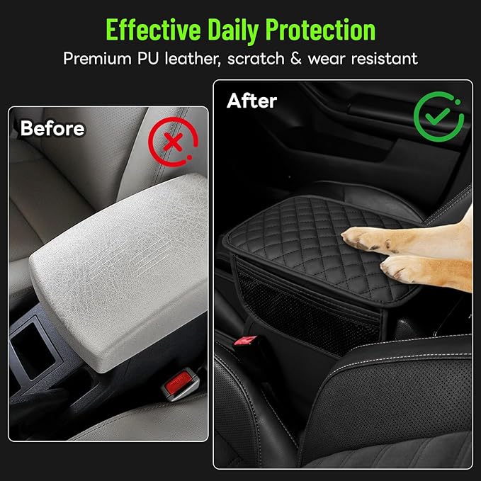 Car Center Console Cover with 6 Storage Pockets, Leather Car Arm Rest Cover Thickened Cushion, Universal Vehicle Armrest Pad Interior Protector, Black