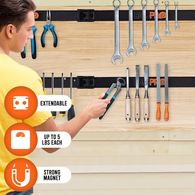 12" Magnetic Tool Holder Strip - A Tool Magnet Bar for Garage Organization, Shop Organization, and Workbench Accessories - Best Gift for Men - Easy To Install in Workshop - Mounting Screws Included.