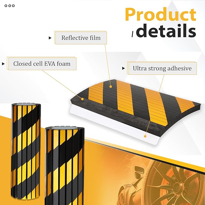 6 Pcs Garage Wall Protector Garage Pole Padding Wall Bumpers Guards Reflective Foam Stoppers for Your Vehicle Parking Corner for Parking Lot, Black Yellow