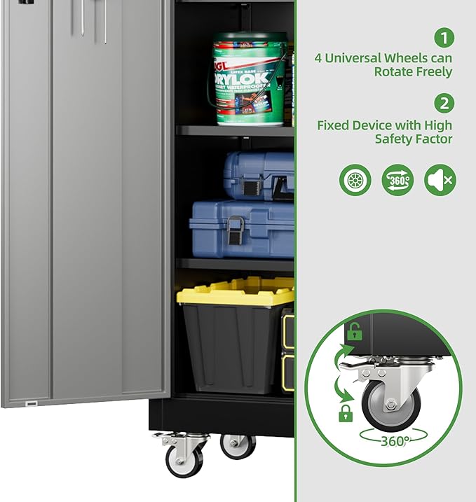 Garage Storage Cabinet with Pegboard and 5 Adjustable Shelves, 71'' x 32'' x 16''Metal Lockable Cabinet with Magnetic Doors,Tool Storage,Home Office Garage,Gym,School (Black-Grey)
