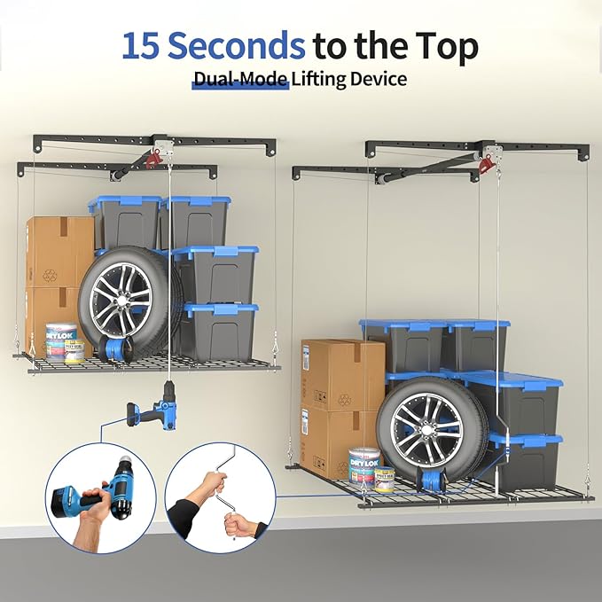 Overhead Garage Storage Rack, Heavy-duty 4x4 Ft Ceiling Storage Racks with Safety Lock, Ideal for Garage Storage Mounted Lift System and Storage Organizer, 250lbs Capacity