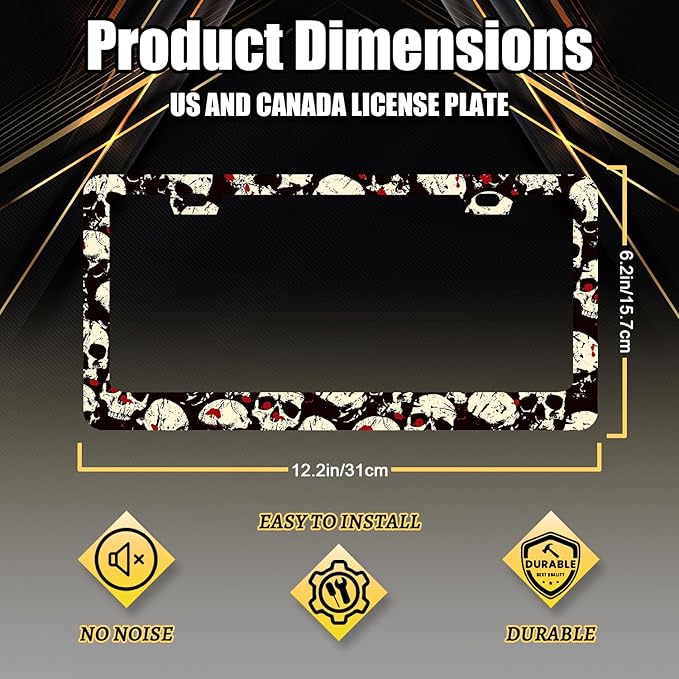 Skull License Plate Frame Skull Skeleton License Plate Holder Stainless Steel Funny Design Compatible with Standard License Plate for USA Canada 12.3" x 6.3" with 2 Screws