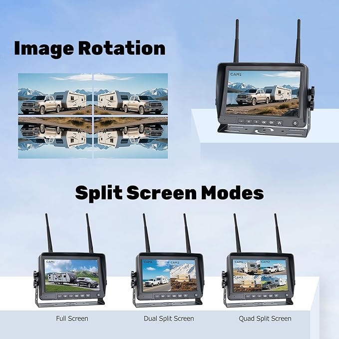 1080P 7" Magnetic Wireless RV Backup Camera System, 2 Rear Cameras + 2 Side Cameras for Reversing/Monitoring Trailer Camper, 1080P DVR Monitor, 4x9600mAh Waterproof IR Night Vision RV Cameras