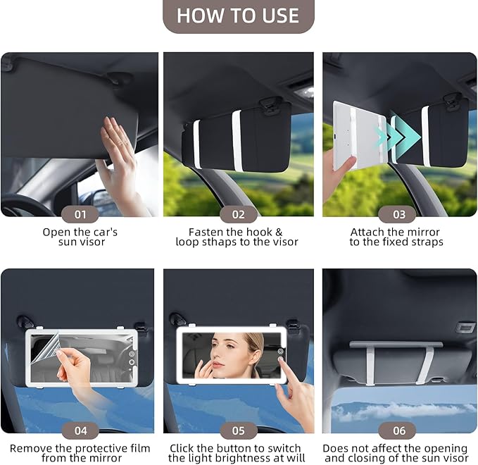 Car Sun Visor Vanity Mirror,Dimmable Makeup Mirror for Car Visor,Rechargeable Led Light with 3 Modes,White