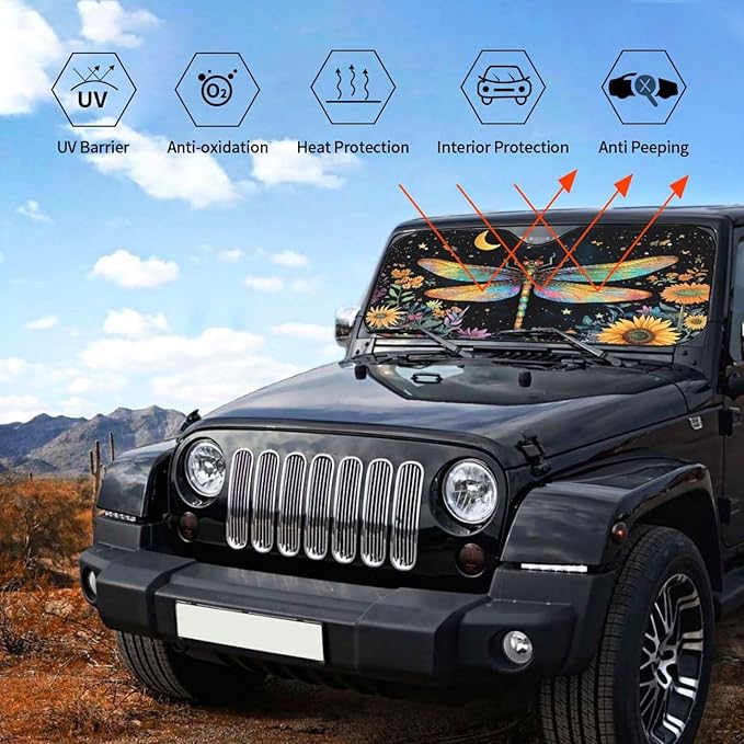 Floral Dragonfly Car Sun Shade Windshield Sunshade Foldable Front Window Shield Cover for Truck SUV
