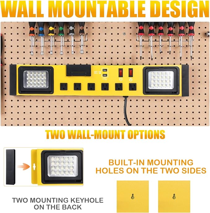 6 Outlets Power Strip with LED Worklight, Metal Heavy Duty Wall Mount Workbench Power Strip with 6FT 14/3 AWG Cord, 2 USB Ports, 15A Circuit Breaker for Home Office Garage Workshop