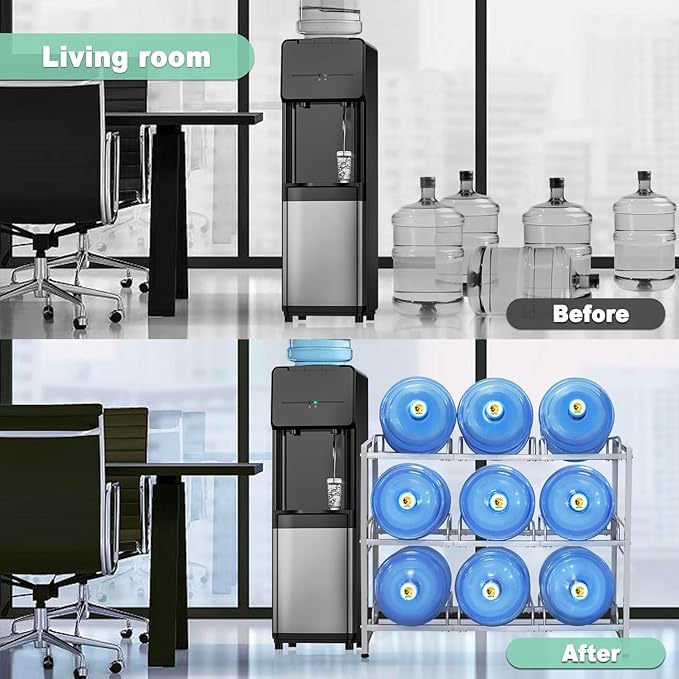 5 Gallon Water Jug Holder 9 Jugs Capacity, Newly Upgraded 3-Tier Heavy Duty Water Cooler Jug Storage Rack, Detachable Organizer Shelf for Home, Office, Garages Black