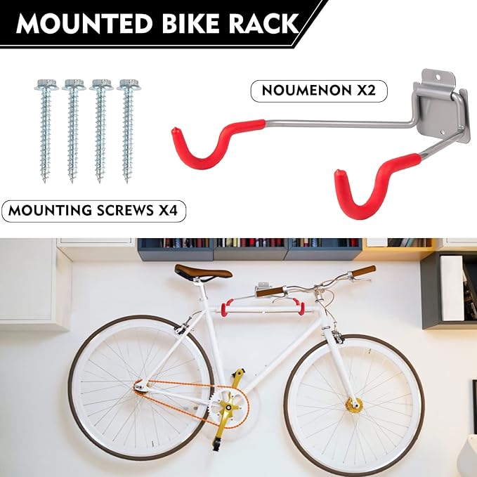 Bike Wall Mount Hangers，EVA Foam Padded Bicycle Hooks-Flip-Up Garage Bicycle Rack for Mountain, Road, and Kids Bikes Rack Holders 2 Pack Silver, Red