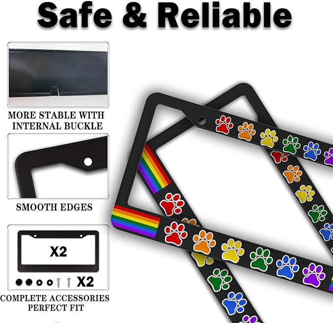 License Plate Frames for Women Multicolor License Plate Holder for Men Gay Rainbow Paw Universal Aluminum Car Accessory 2 Pack with Screw Covers Set