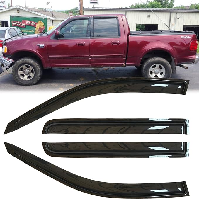 4pcs Original Shatterproof Outside Mount Rain Guard Durable Side Window Wind Deflectors Dark Smoke Vent Window Visors Compatible with F-150 01-03 Crew (Super Crew) Cab Pickup 94949