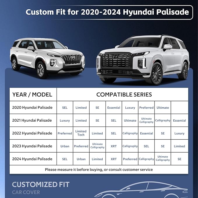 10 Layers SUV Car Cover Custom Fit for Hyundai Palisade (2019-2024) Waterproof All Weather for Automobiles, Outdoor Full Cover Sun UV Rain Protection with Cotton.Black