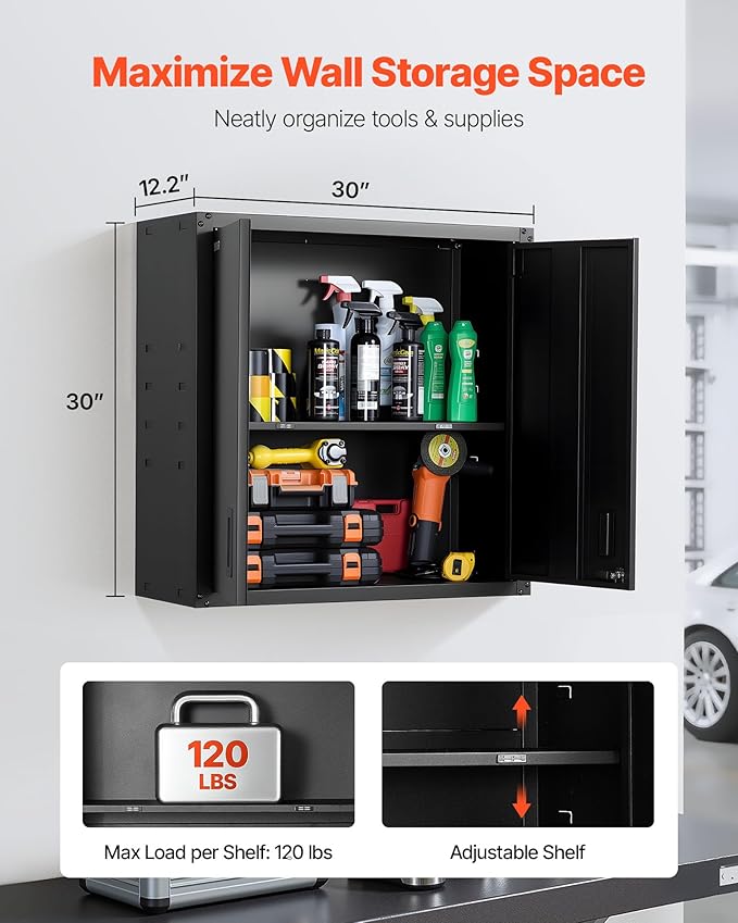 VEVOR Metal Wall Cabinet, 30W x 12.2D x 30H Inch, Steel Floating Hanging Storage Cabinet with Locking Doors and Adjustable Shelf for Garage, Basement, Kitchen, Warehouse Assembly Required, Black