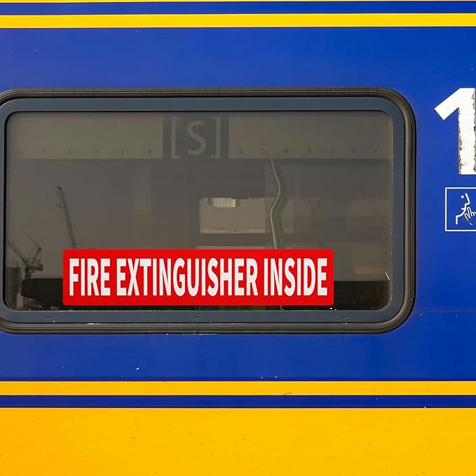 Madrigal Fire Extinguisher Inside Sticker Sign,4Pack 12x2.5" Self-Adhesive Vinyl, Weatherproof & UV Protected for Cars, Trailers, Rv's, Trucks and Vehicles, Red on White