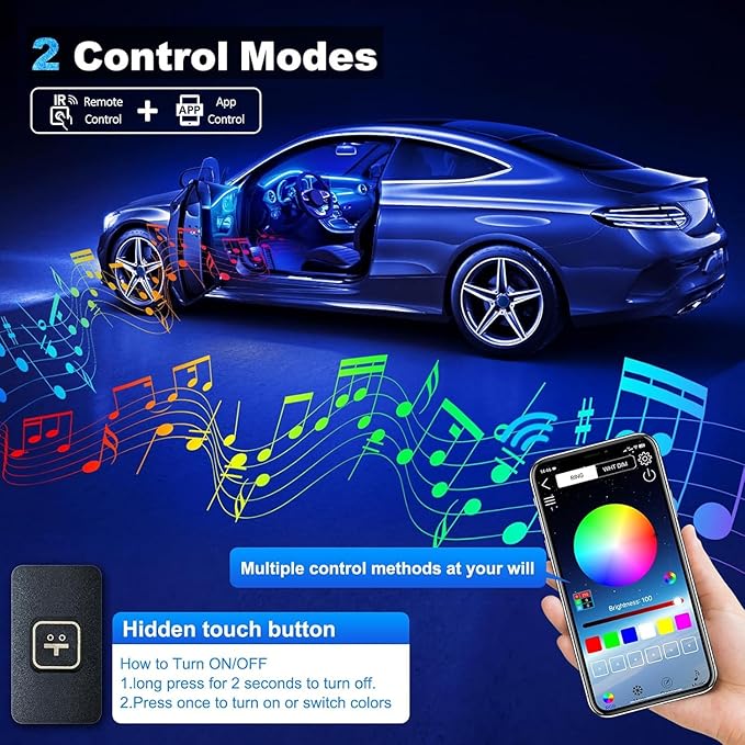 Acrylic Interior Car LED Strip Light with Wireless APP, RGB 14 in 1 with 175 inches 600 LEDs Fiber Optic Car Ambient Lighting Kits, 16 Million Colors Sound Active Function LED Strip for Car