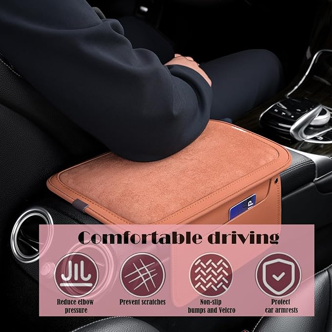Arm Rest Cover for Car with 2 Storage Bags, Central Console Cover Armrest Pad, Suede Leather, Auto Interior Accessories for Most Vehicles, All-Season Comfort, Orange