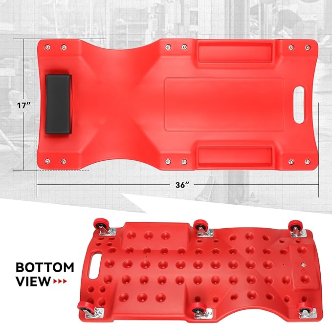 Auto Dynasty 36 Inches Mechanic Creeper, Automotive Garage Repair Low Profile Under Car Rolling Creeper with Padded Headrest, Plastic, Red
