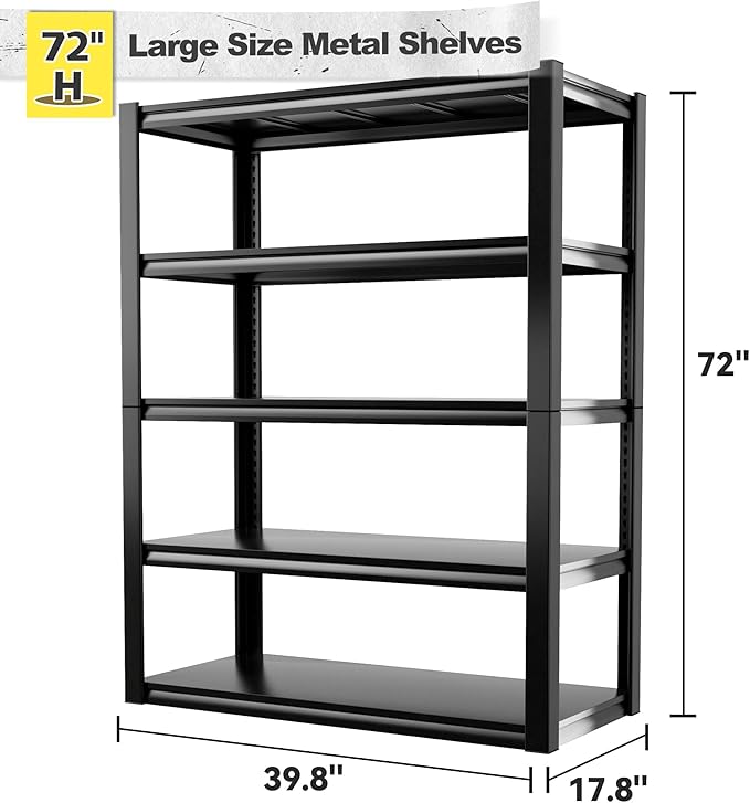 REIBII 2500LBS Garage Shelving 72" H Storage Shelves 39.8" W Metal Shelving Adjustable Garage Storage Shelves 5 Tier Heavy Duty Shelf for Basement Pantry Kitchen Warehouse