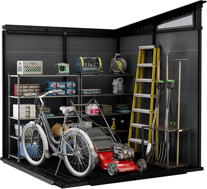Keter Cortina 9x7 Ft All-Weather Storage Shed with Skylight, Window, Built-in Ventilation, Customizable Walls, & Lockable Double Doors, Graphite