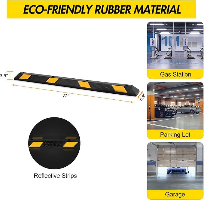 Parking Stoppers for Garage, 72 Inch Premium Parking Block Curb with Yellow Reflective Stripe, Heavy Duty Wheel Stopper for Cars, Vehicles, Trucks, Installation Kits Included, Pack of 2