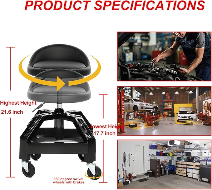 Garage Shop Rolling Seat, Heavy Duty Adjustable Rolling Mechanic Stool with Lockable 360° Wheels, 350 Lbs Capacity, Work Stool with Tool Tray for Garage & Workshop