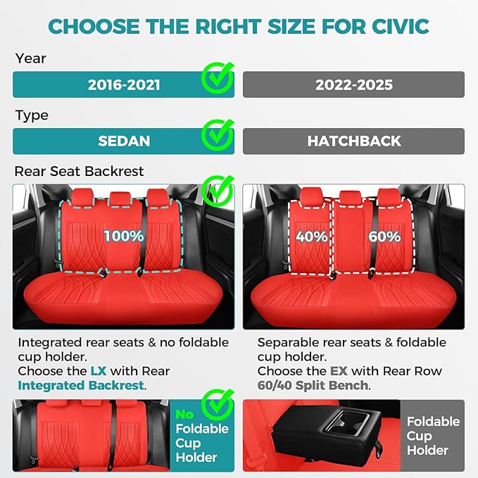 Seat Covers for Honda Civic Sedan LX 2016 2017 2018 2019 2020 2021, Faux Leather Car Seats Cover Full Set (Rear Row Solid & No Folding Backrest)-RED
