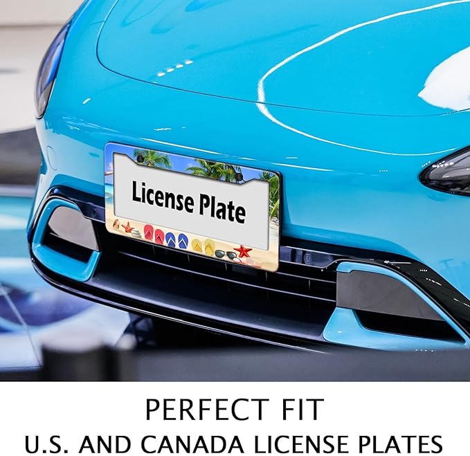 Beach Flip Flops License Plate Frame, Ocean Beach Vacation Scene License Plate Hloder Covers, Metal Aluminum Rustproof Car Accessories for Women Men 2 Holes with Screw Caps