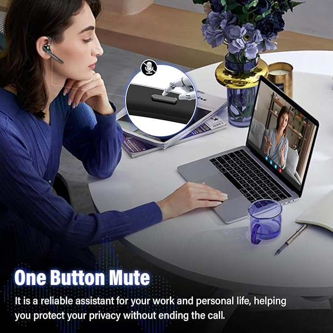 Bluetooth Headset, Wireless Bluetooth 5.3 Earpiece, 90Hrs Hands Free Headset with APTX HD Audio & Mute Button, Dual Noise Cancelling Mics, Single-Ear Headphone for Trucker/Business/Office/Gym