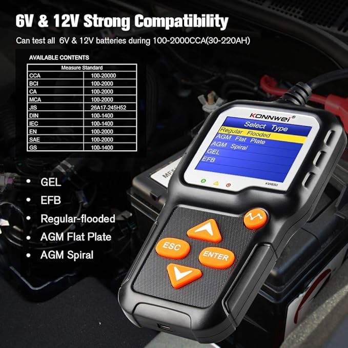KONNWEI KW650 6V 12V Car Battery Tester, 100-2000 CCA Battery Load Tester Automotive Battery and Alternator Tester for Vehicles/Marine/Motorcycle/Lawn Mover