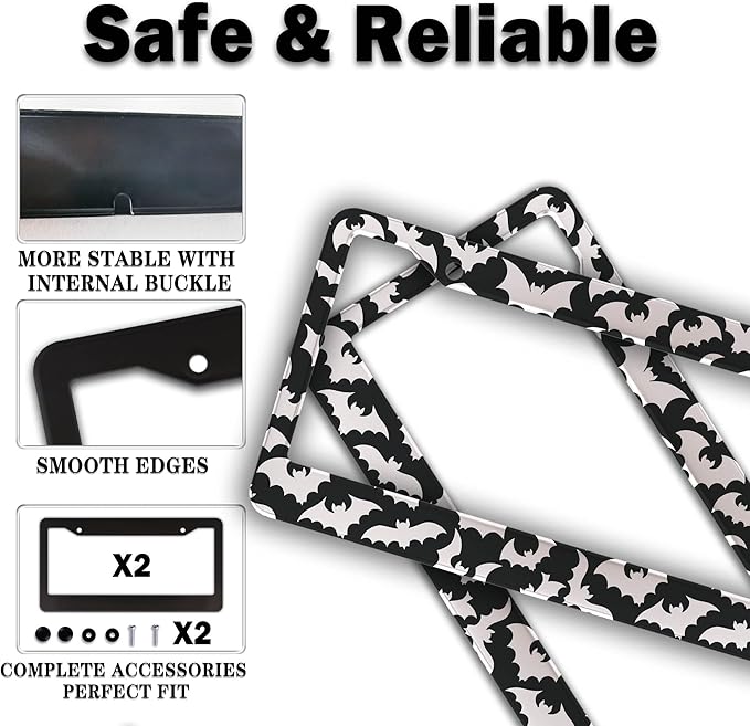 License Plate Cover for Women Black and White License Plate Frames for Men Dense Bats Aluminum Metal Car Accessory 2 Pack with Screw Covers Set