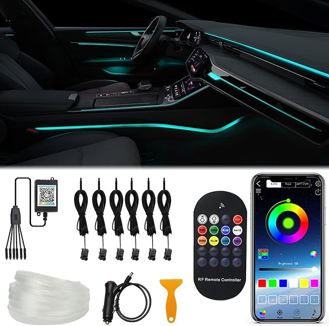 6 in 1 Car LED Strip Lights, RGB Car Interior Lights with 315 inches Fiber Optic, Remote and APP Control, 16 Million Colors Ambient Lighting Kits, Music Neon Light Accessories for Car Inside