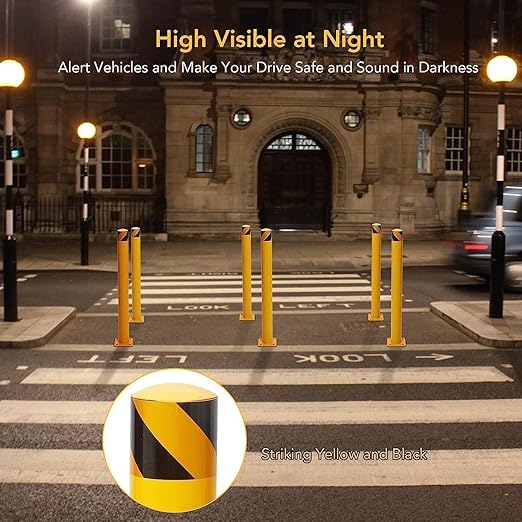 4-Pack Heavy Duty Safety Bollards, 42" Height, 4.5" Diameter Steel Pipe Bollard Post with 16 Anchor Bolts, High-Visibility Yellow Parking Bollard for Traffic Control, Warehouses, & Pedestrian Safety