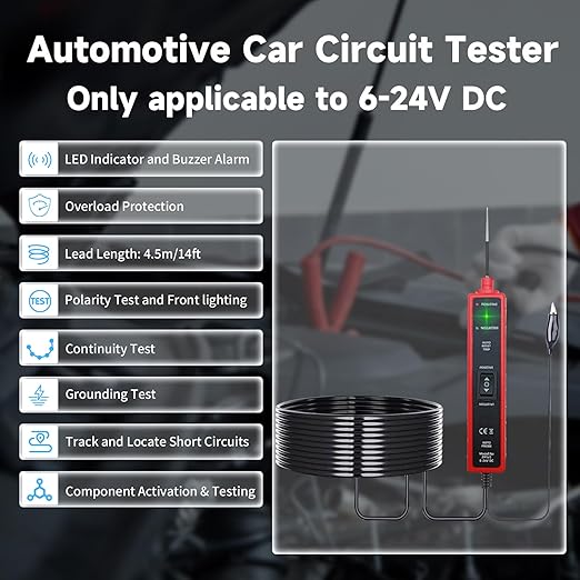 Automotive Car Circuit Tester 12V 24V DC Power Probe Tester with Overload Protection 12V Short Circuit Finder with Test Light for Continuity Testing Grounding Checking